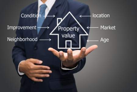 property value concept with agent holding a house diagram